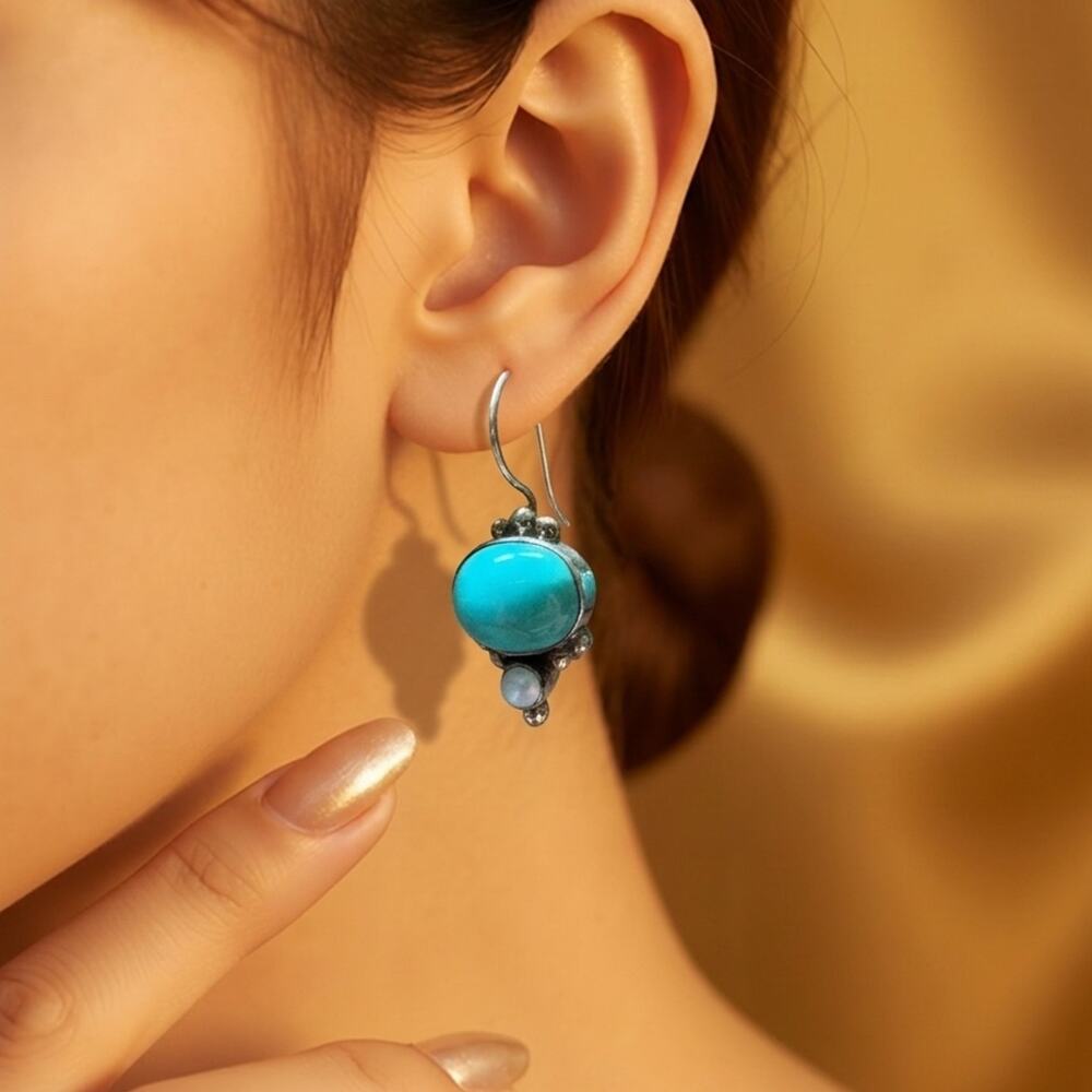 Vintage PTI .925 Sterling Silver Turquoise & Pearl Drop Earrings - Bohemian Arti